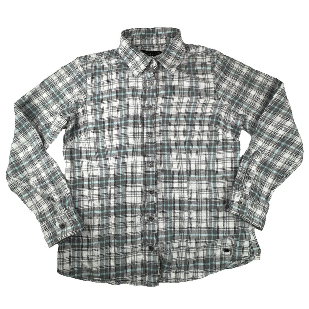 Noble Outfitters Womens Plaid Shirt L Cotton Flannel Western Outdoor Grey‎ Blue